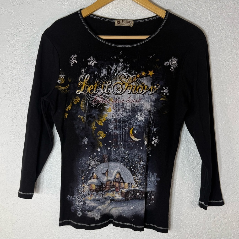 Vintage Blue Canyon Clothing Let It Snow Black 3/5 Sleeve Knit Top Large 90’s